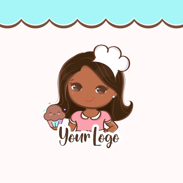 Vetor logo design mascote chef bonito gitl com cupcake vector