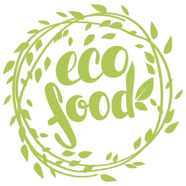 Logo eco food com folhas, produto natural, alimentos orgânicos e saudáveis. Distintivo de alimentos orgânicos em vetor (cosméticos, alimentos). Letras de comida ecológica