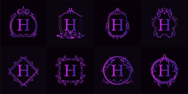 Logo inicial h com ornamento de luxo ou moldura de flor, conjunto de coleção