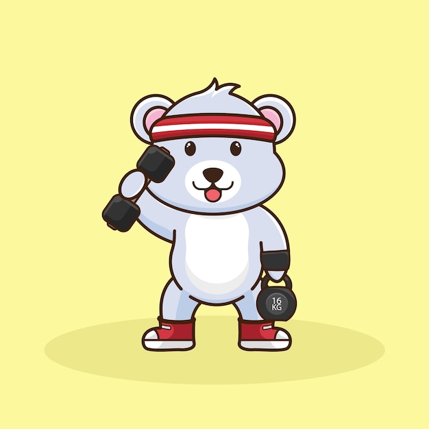 Vetor logo mascote urso levantando barbell e kettlebell logotipo dos desenhos animados bear gym estilo cartoon