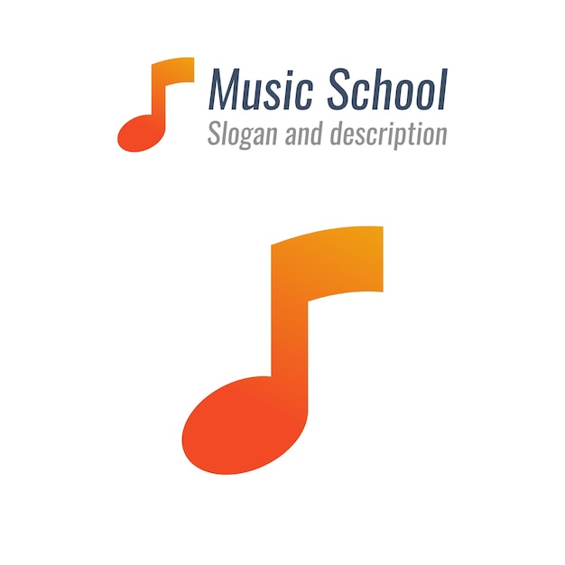 Logo para escola de música com nota musical com grande forma em cor laranja quente emblema vetorial