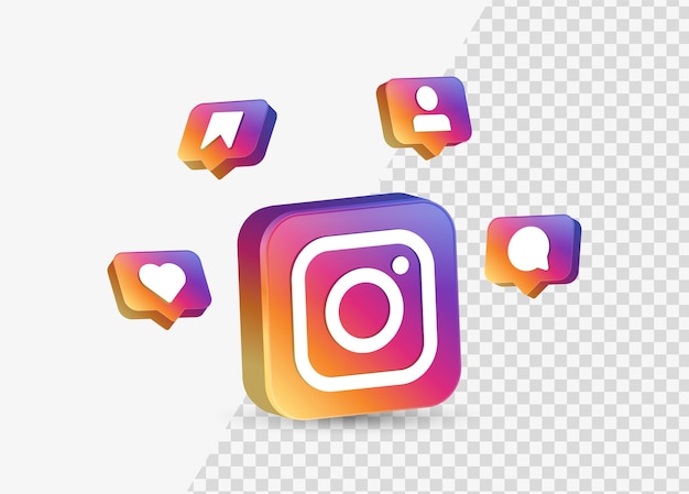 Logotipo 3d do ícone do instagram quadrado para logotipos de mídia social com ícones de notificação no balão de fala