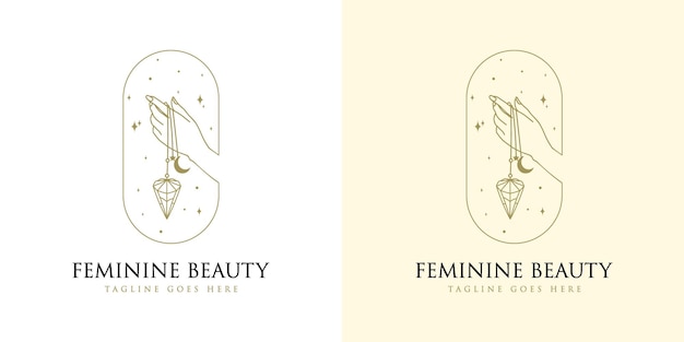 Logotipo boho de beleza feminina com diamante de cristal de unha de mão feminina e estrela para marca de salão de maquiagem spa