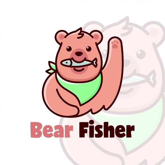 Logotipo bonito dos desenhos animados do urso marrom comendo um peixe