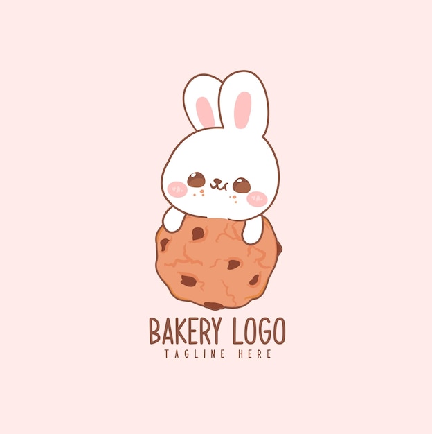 Logotipo bonito para loja de padaria com coelho come biscoitos kawaii cartoon desenhado à mão