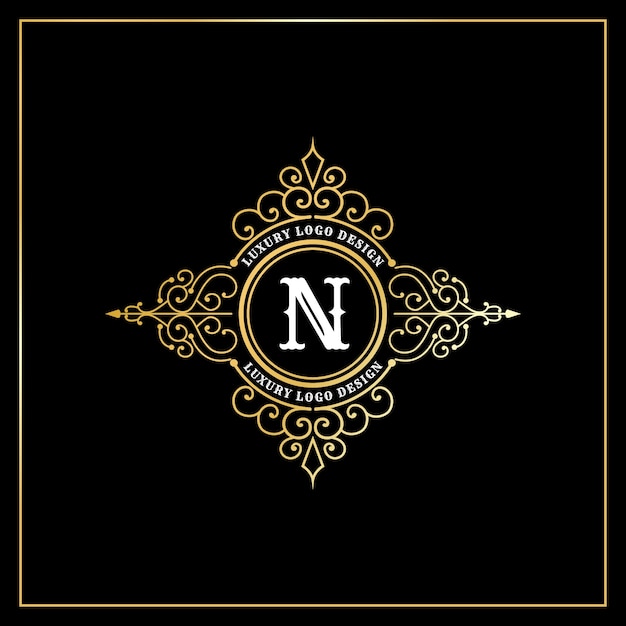 Logotipo caligráfico heráldico vitoriano de luxo retrô antigo com moldura ornamental