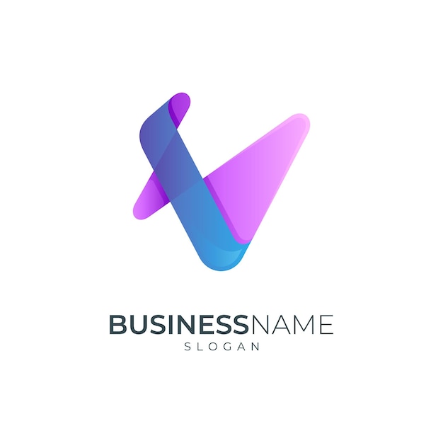 Logotipo com letra v simples, logotipo inicial em v em tons de azul e roxo gradiente