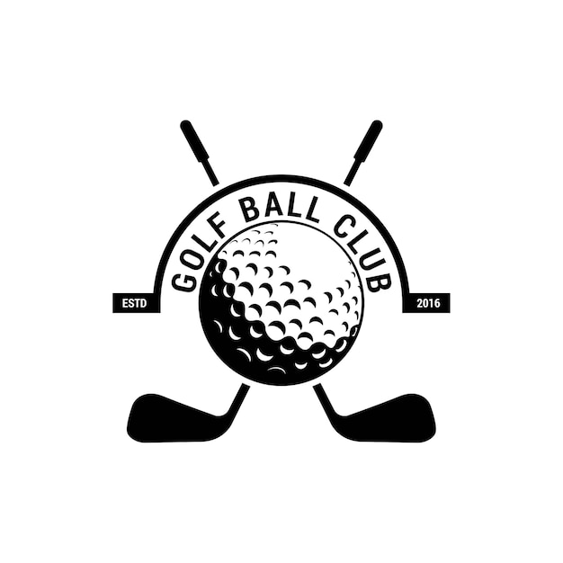 Logotipo, crachá ou ícone do clube de golfe com tacos de golfe cruzados e bola no tee. ilustração vetorial.