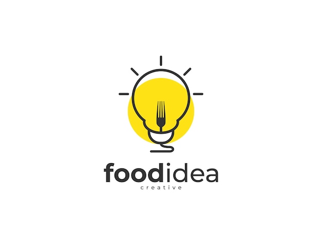 Logotipo criativo da ideia de comida com design de bulbo e garfo