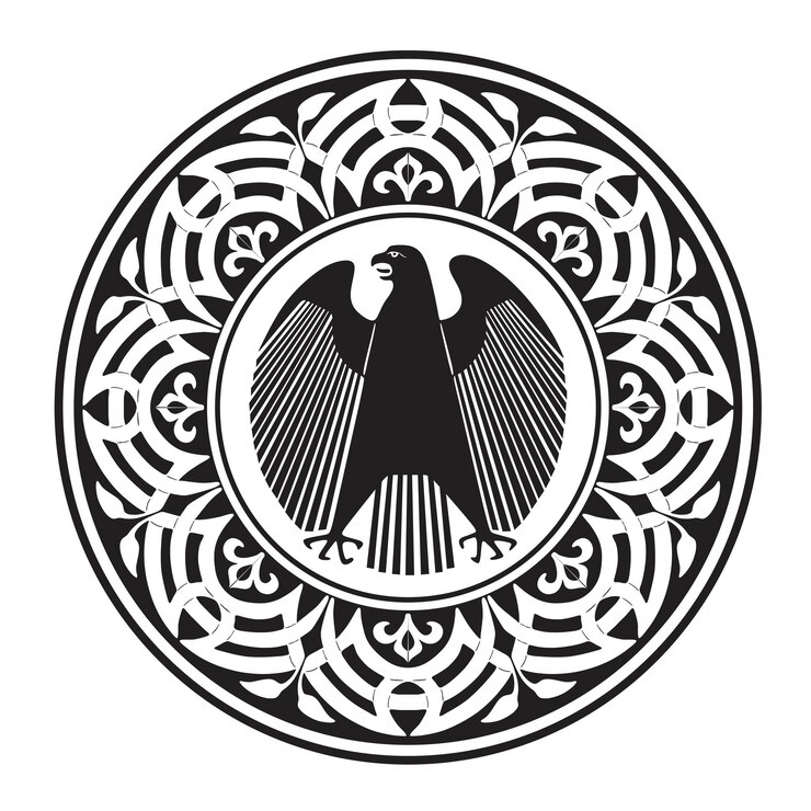 Vetor logotipo da águia negra com silhueta artesanal de moldura moderna floral