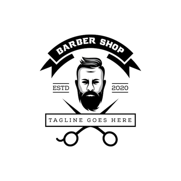 Logotipo da barbearia impressionante, corte de cabelo de homem barba, modelo de logotipo