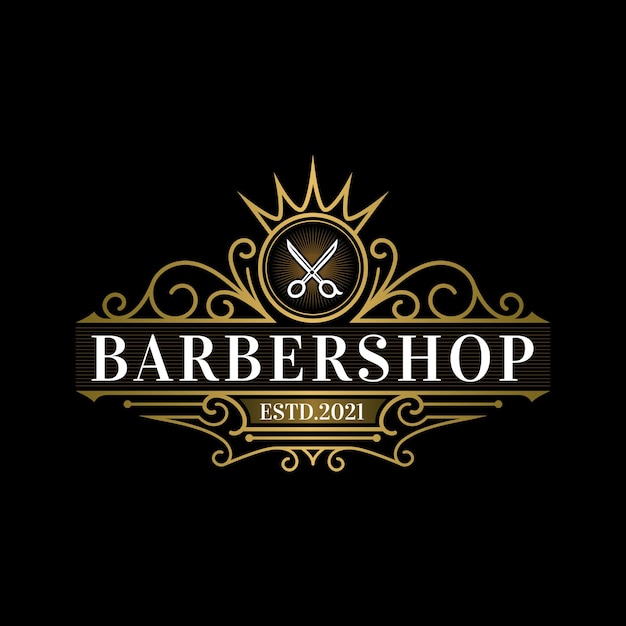 Vetor logotipo da barbearia real vintage e modelo de etiqueta