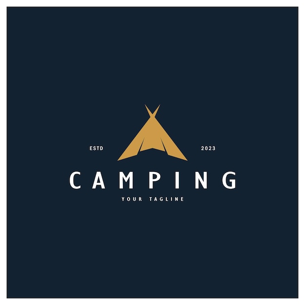 Vetor logotipo da barraca barraca de acampamento árvore e placa de fogueira aventureiros escoteiros alpinistas centro de equipamentos de acampamento