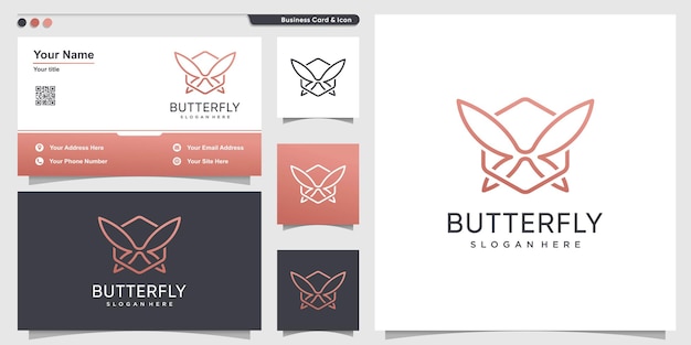 Logotipo da borboleta com estilo de arte de linha e modelo de design de cartão de visita premium vector