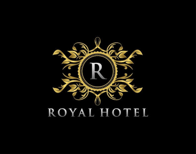Logotipo da boutique de luxo R Letter Stamp Boutique Hotel joias heráldicas casamento