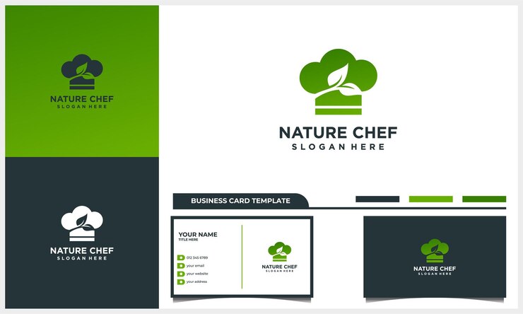 Logotipo da cabeça do chef com conceito de design de logotipo de folha verde com modelo de cartão de visita