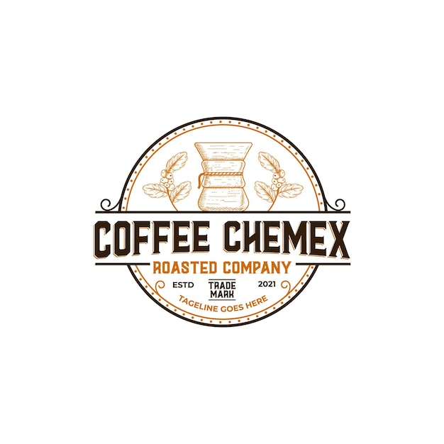 Logotipo da cafeteria de carimbo rústico vintage com sinal de Chemex e folha de ramo de café