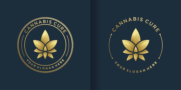 Logotipo da cannabis com estilo de arte de linha de emblema dourado e design de cartão de visita