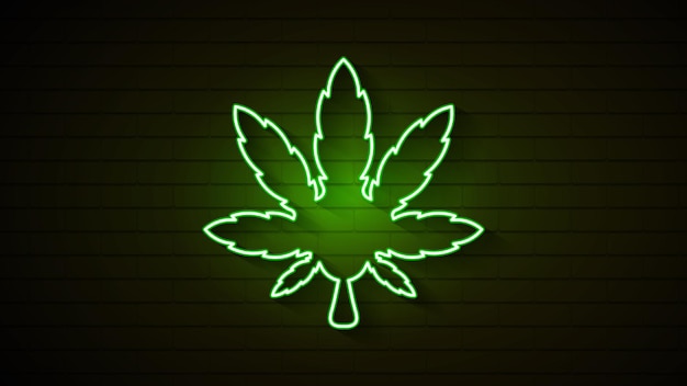 Vetor logotipo da cannabis medicinal com folha de maconha brilhante estilo de luz de néon verde sobre fundo escuro da parede de tijolo - vetor