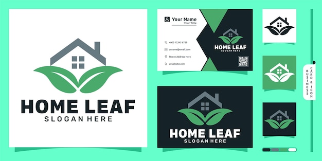 Vetor logotipo da casa com conceito moderno de folhas e design de cartão de visita