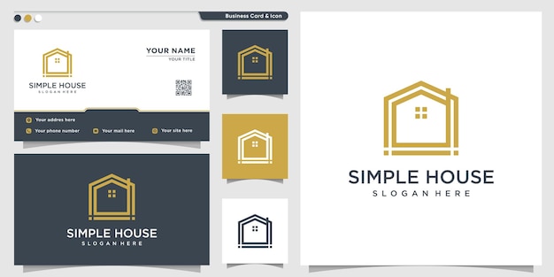 Logotipo da casa com estilo de arte de linha único e simples e design de cartão de visita premium vector