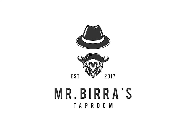 Logotipo da cervejaria com ilustração de ícone vetorial silhueta senhor e lúpulo