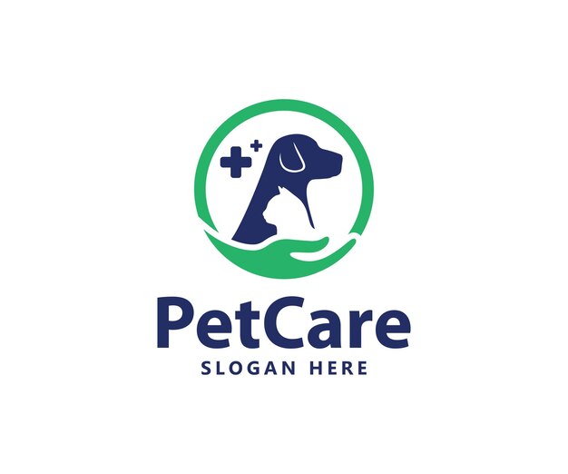 Logotipo da clínica de animais de estimação com cachorro, gato e mão com símbolo de cruz logotipo de cuidados com animais de estimação