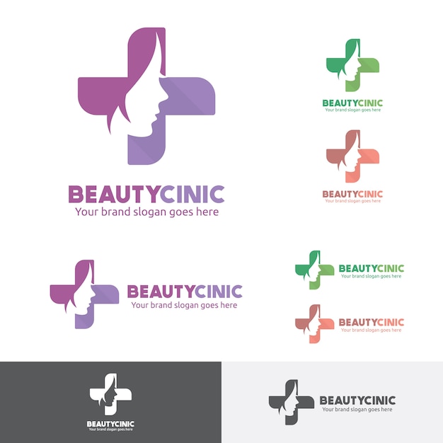 Vetor logotipo da clínica médica beauty woman com símbolo face e cruz.