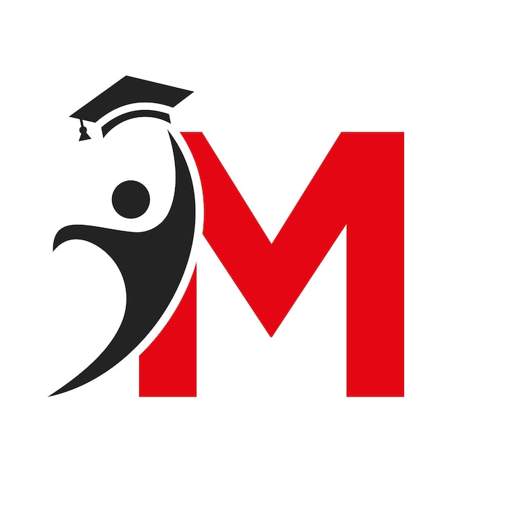 Vetor logotipo da educação na letra m com chapéu de formatura ícone do símbolo da formatura