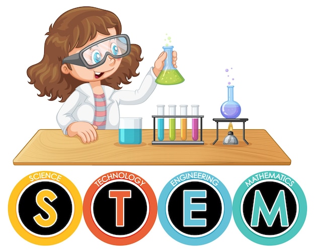Logotipo da educação stem com personagem de desenho animado de garoto cientista