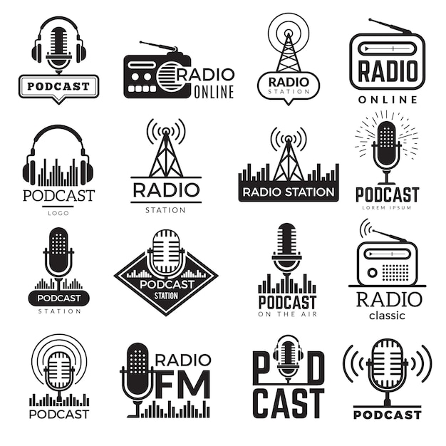 Logotipo da estação de rádio. Coleção de emblemas de palestrante de podcast de estúdio de música