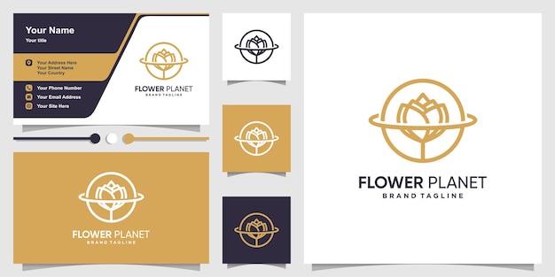 Logotipo da flor com conceito de planeta de arte de linha premium vector