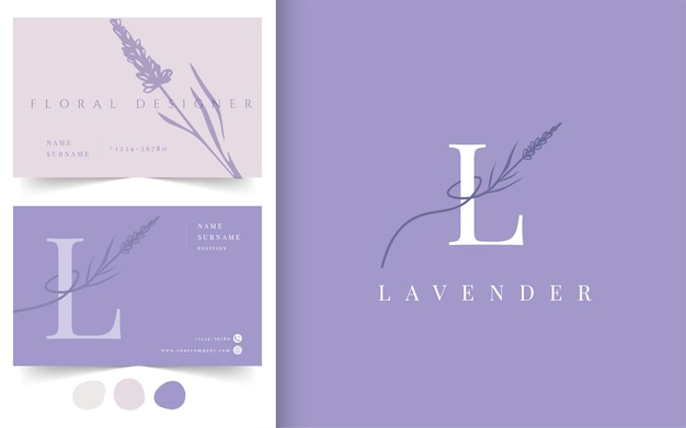 Logotipo da flor de lavanda. modelo de design de cartão de visita. emblema para floricultura, florista, moda, indústria da beleza.