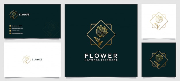 Vetor logotipo da flor e modelo de design de cartão de visita, beleza, saúde, spa, ioga com estilo de arte de linha