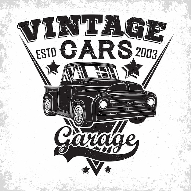 Logotipo da garagem Hot Rod, emblema da organização de serviços e reparo de muscle car, carimbos de impressão de garagem retrô, emblema de tipografia hot rod,