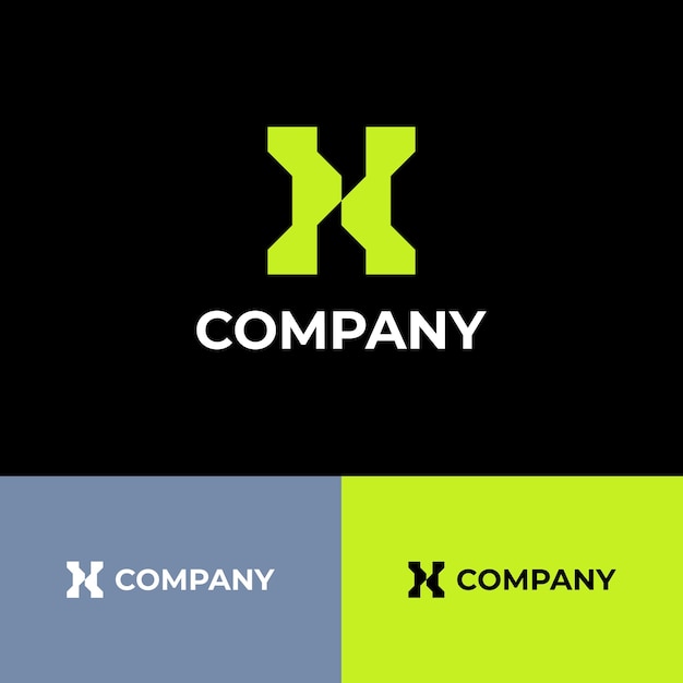 Logotipo da Geometric X Company em preto, azul-acinzentado e verde