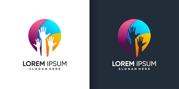Logotipo da instituição de caridade com estilo de gota gradiente moderno e modelo de design de cartão de visita, mão, paz, unidade, seguro