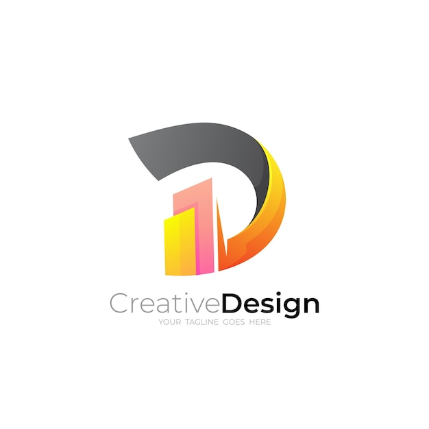 Vetor logotipo da letra d com modelo de design colorido 3d colorido