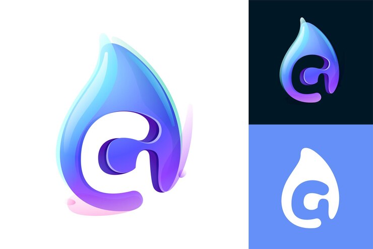Logotipo da letra G de gota de água pura Ícone realista 3D ecologicamente correto Inicial de onda selvagem em estilo aquarela
