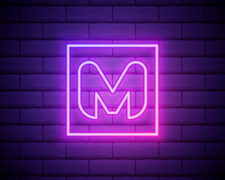 Vetor logotipo da letra m com linha neon elementos de modelo de design de vetor criativo para seu aplicativo ou identidade corporativa isolado na parede de tijolos