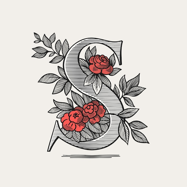 Logotipo da letra s com rosas e folhas em estilo gótico medieval gravando o ícone da tampa da gota