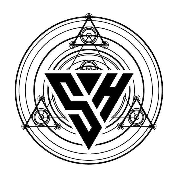 Logotipo da letra SH Monogram com modelo de design em forma de triângulo com ornamentos geométricos sagrados