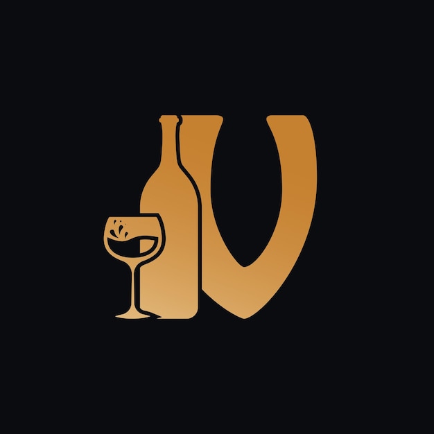 Logotipo da letra v com ilustração vetorial de design de garrafa de vinho em fundo preto copo de vinho design de logotipo da letra v