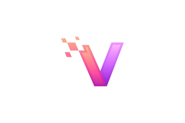Logotipo da letra V com uma combinação de pixels tecnológicos em um design moderno
