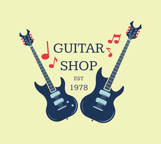 Logotipo da loja da guitarra do vetor, emblema com notas musicais. ilustração de sinal de loja musical