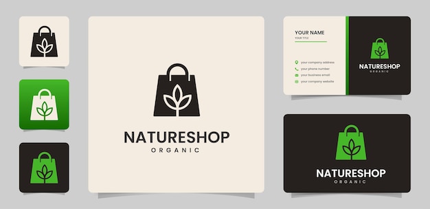 Logotipo da loja da natureza com saco de papel e modelo de cartão de visita