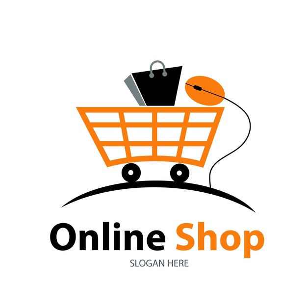 Vetor logotipo da loja on-line com carrinho de mouse e saco de compras