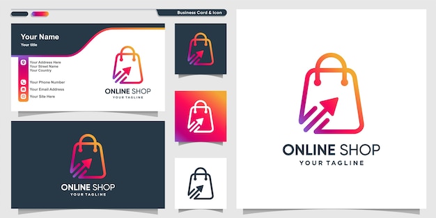 Logotipo da loja online com estilo de arte de linha gradiente legal e modelo de design de cartão de visita