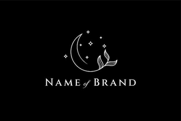 Logotipo da lua crescente com decoração de plantas e estrela brilhante nele