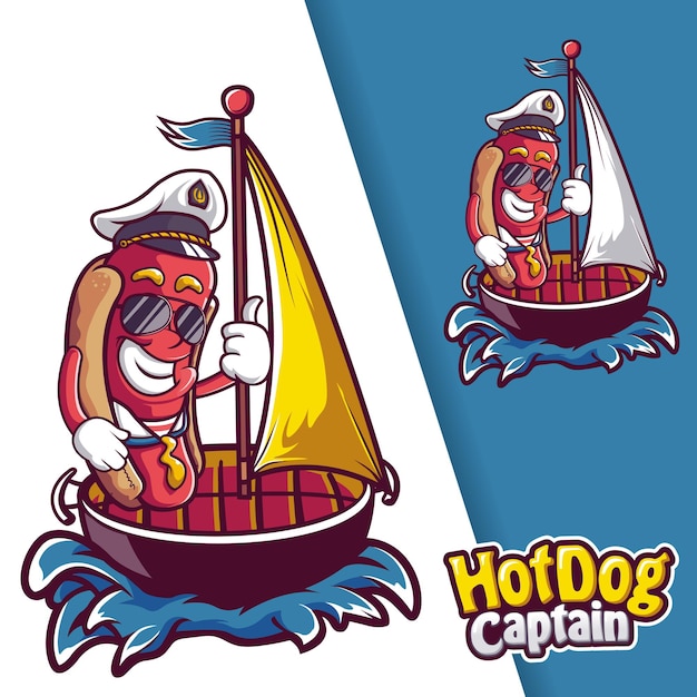 Logotipo da mascote do capitão navio salsicha hotdog